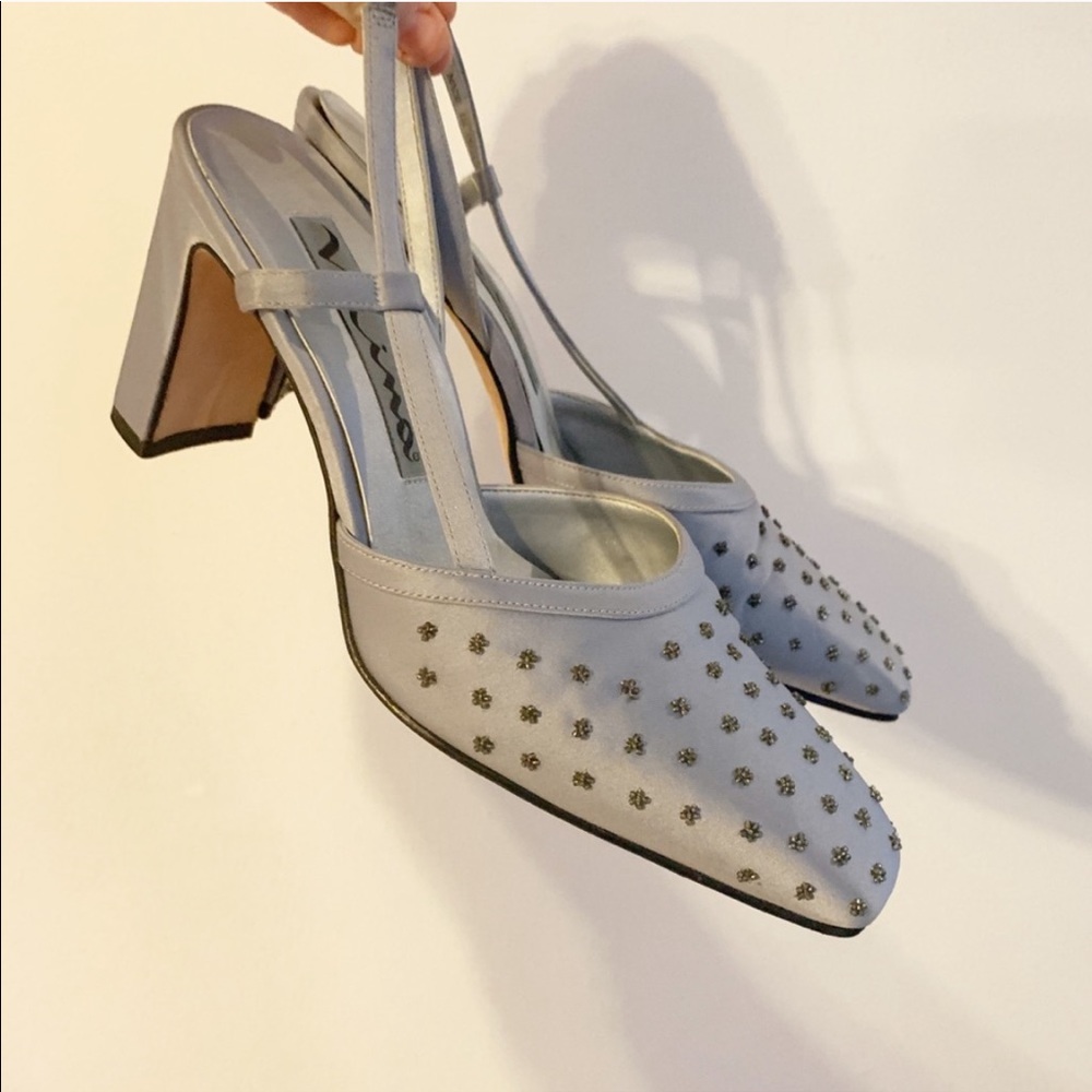 BABY BLUE FLORAL EMBELLISHED HEELS SIZE 8
